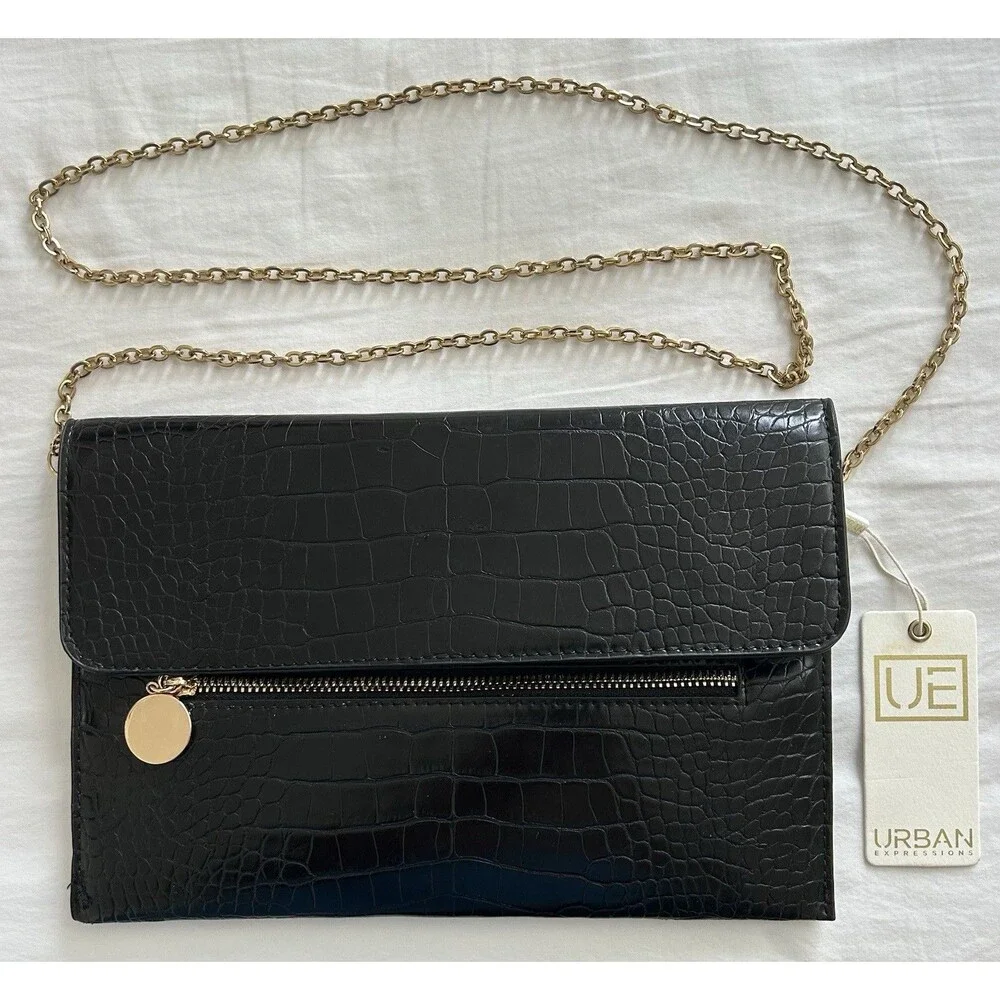 NWT Urban Expressions Black Croc Embossed Clutch Crossbody Bag Chain Strap Flaw